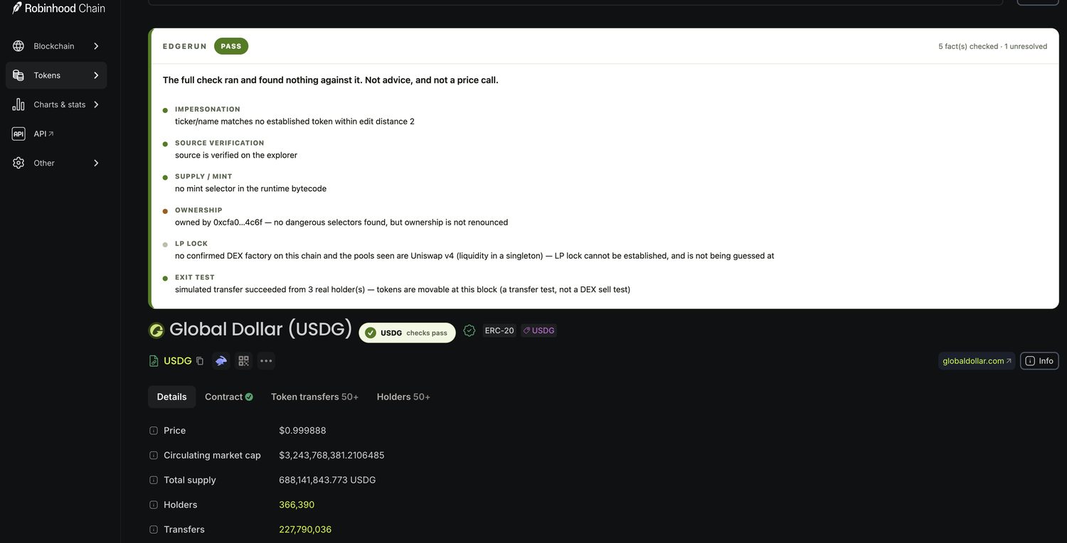 The full report as a standing panel: source, mint selectors, ownership, and a simulated transfer out of a real holder's wallet.