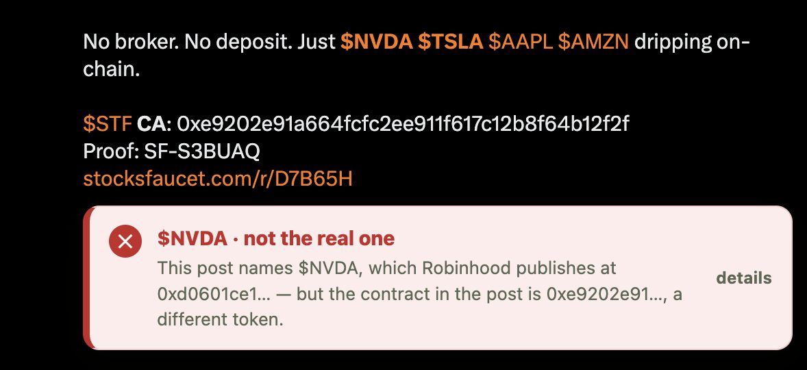 A post names $NVDA and pastes a contract. The badge lands under the text and says it is a different token - with both addresses.